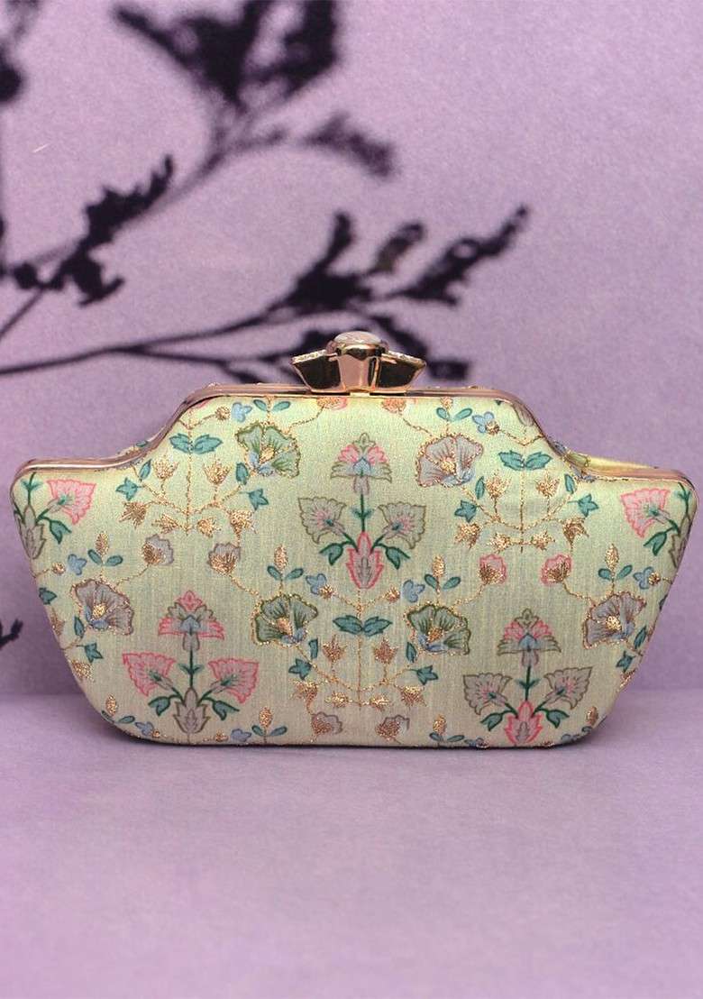 Gold Satin Embroidered Box Clutch - Indya