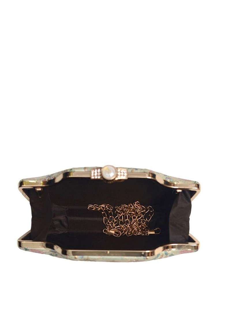 Gold Satin Embroidered Box Clutch - Indya