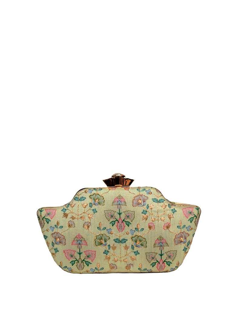 Gold Satin Embroidered Box Clutch - Indya