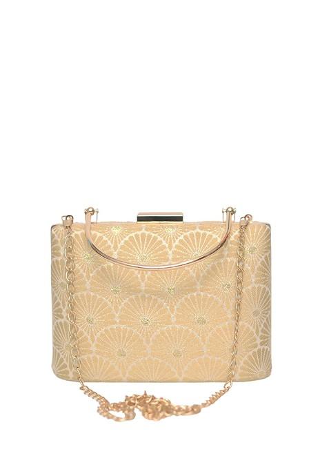 Cream Satin Woven Design Box Clutch