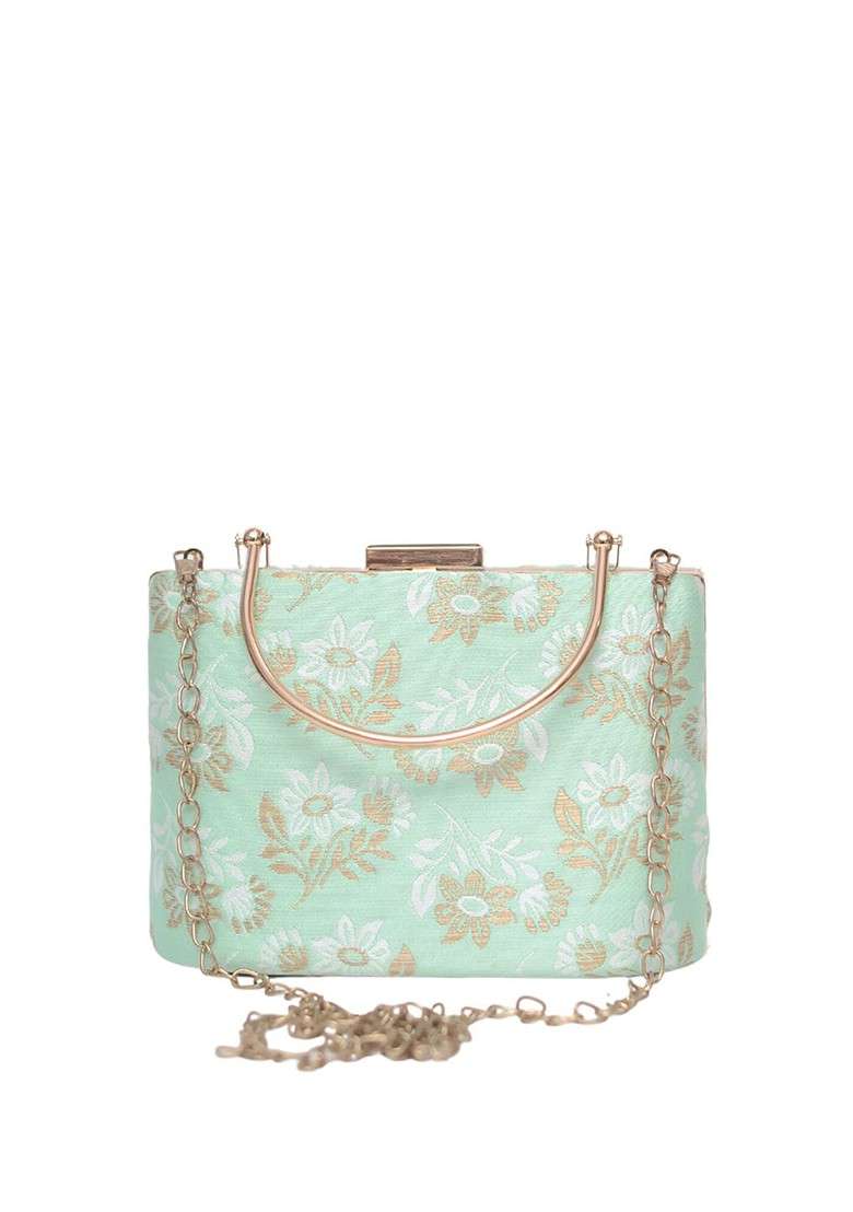 Sea Green Satin Woven Design Box Clutch - Indya