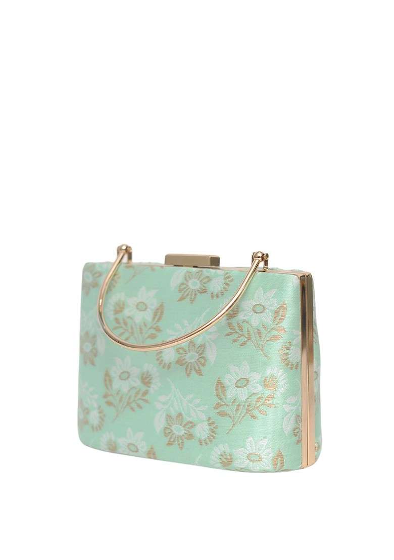 Sea Green Satin Woven Design Box Clutch - Indya