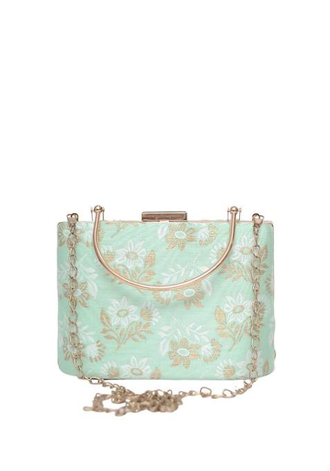 Sea Green Satin Woven Design Box Clutch
