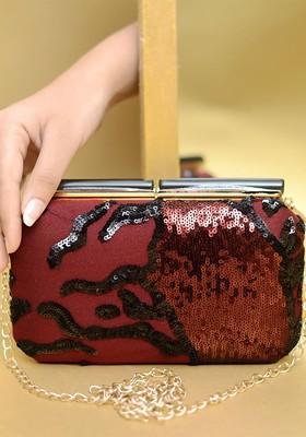Maroon Satin Embellished Sequence Box Clutch