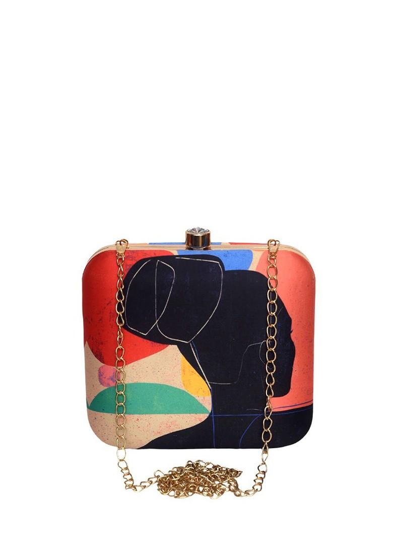 Black Fabric Abstract Printed Box Clutch - Indya