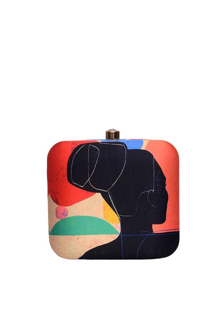 Black Fabric Abstract Printed Box Clutch - Indya