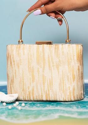 White Fabric Abstract Printed Box Clutch