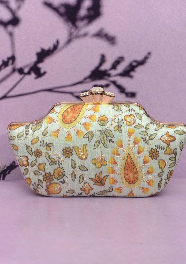 Cream Fabric Abstract Printed Box Clutch - Indya