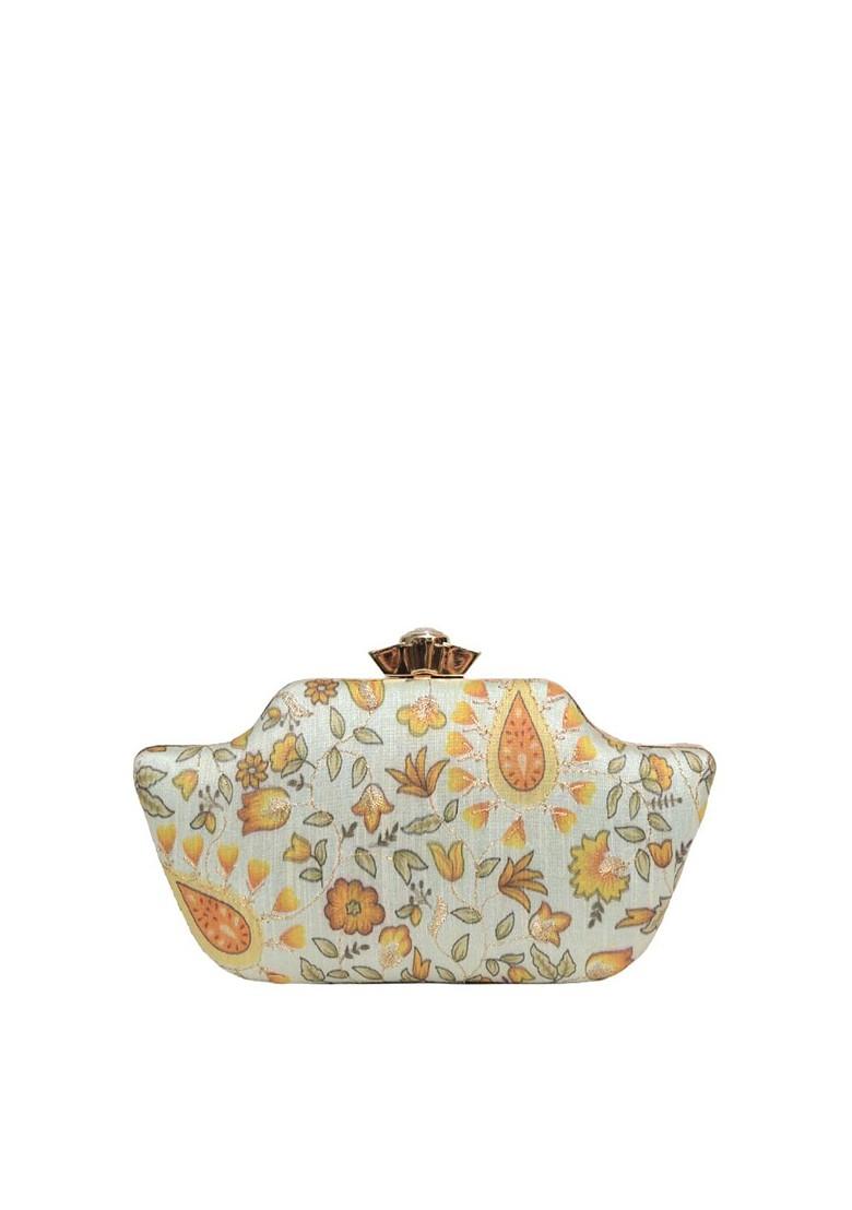 Cream Fabric Abstract Printed Box Clutch - Indya