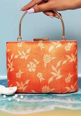 Orange Fabric Floral Printed Box Clutch