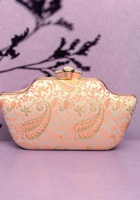 Peach Satin Embroidered Box Clutch