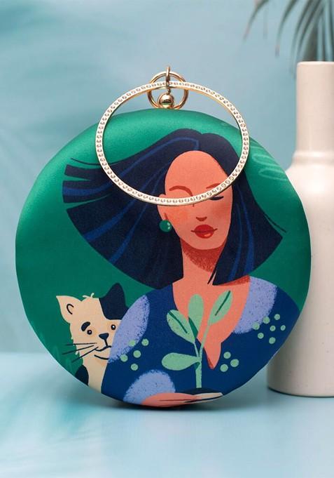 Green Fabric Graphic Printed Box Clutch