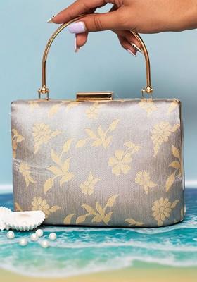 Grey Satin Embroidered Box Clutch