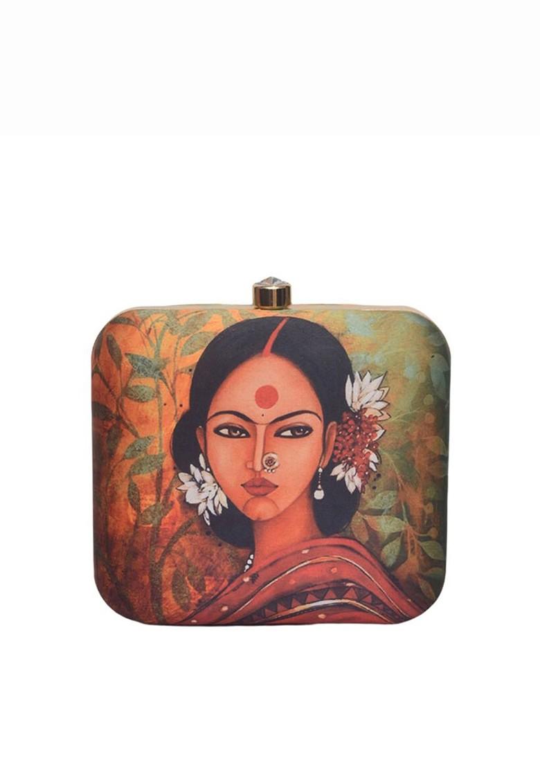 Coral Fabric Graphic Printed Box Clutch - Indya