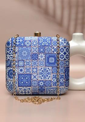 Blue Fabric Printed Box Clutch With Shoulder Strap