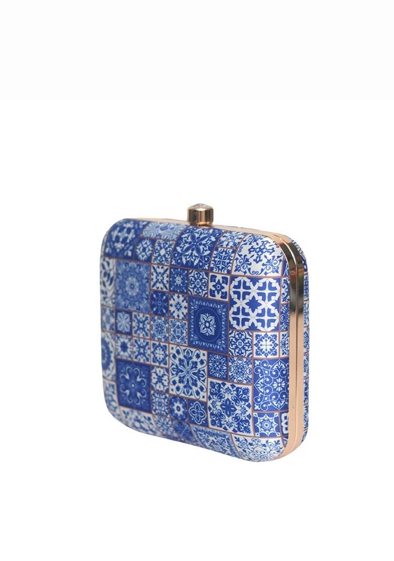 Blue Fabric Printed Box Clutch With Shoulder Strap - Indya