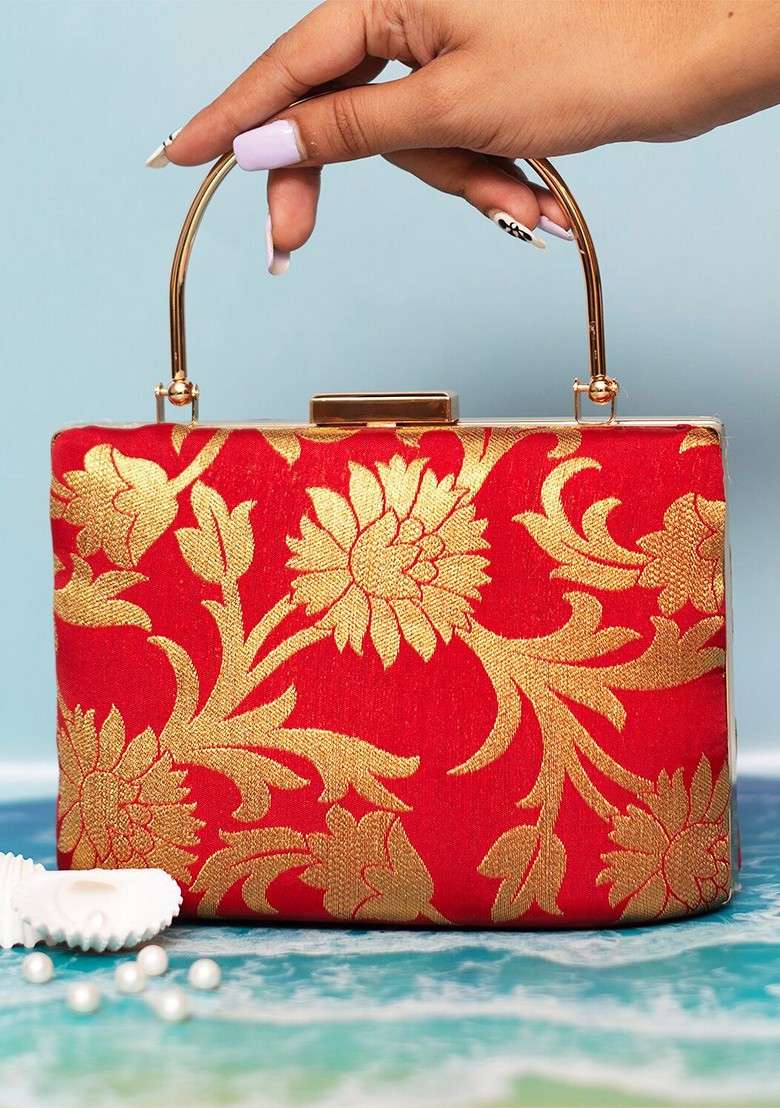 Red Satin Embroidered Box Clutch With Shoulder Strap - Indya