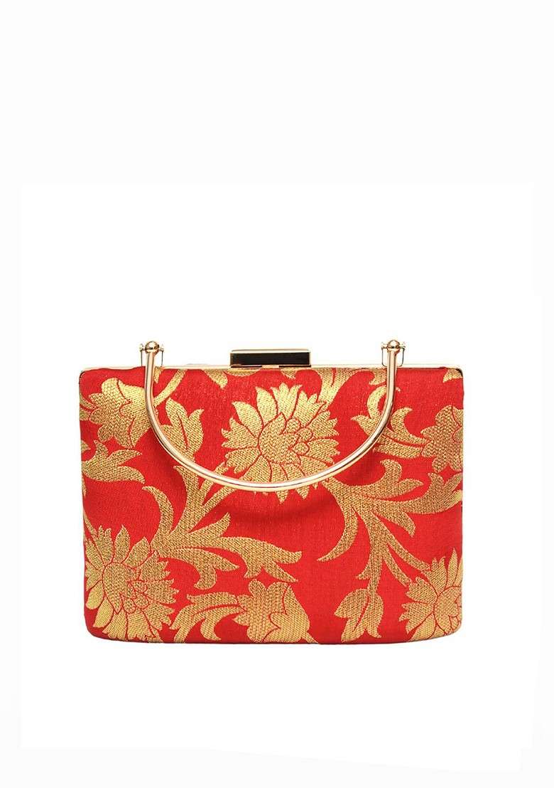 Red Satin Embroidered Box Clutch With Shoulder Strap - Indya