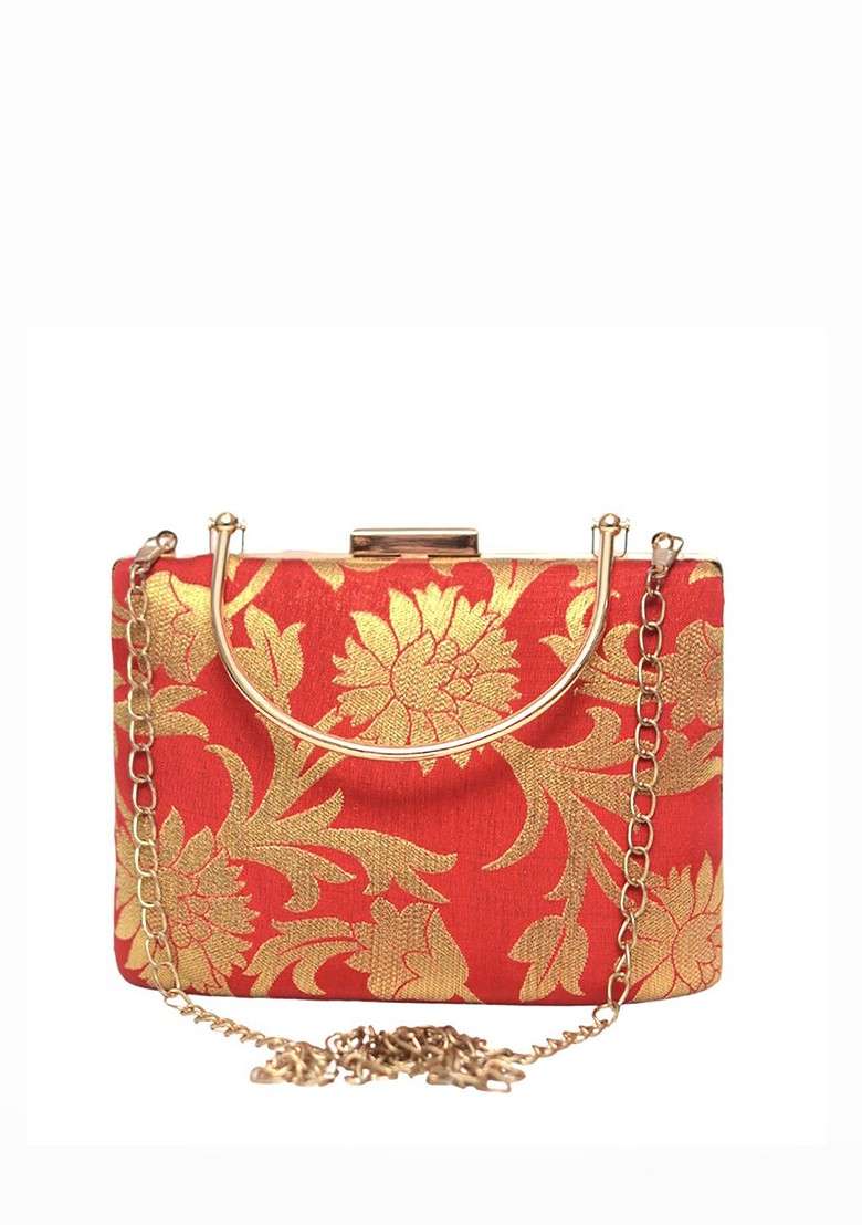 Red Satin Embroidered Box Clutch With Shoulder Strap - Indya