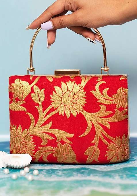 Red Satin Embroidered Box Clutch With Shoulder Strap