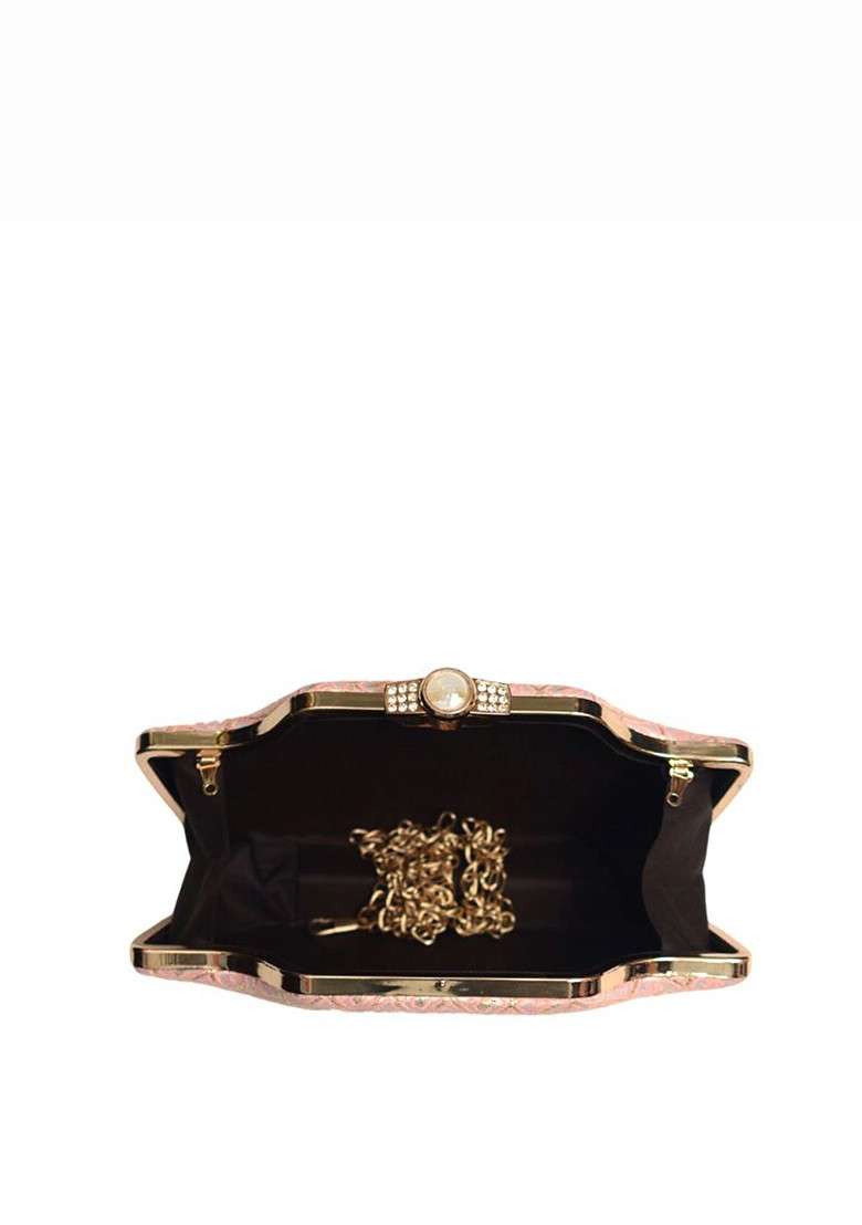 Peach Satin Embroidered Box Clutch With Shoulder Strap - Indya