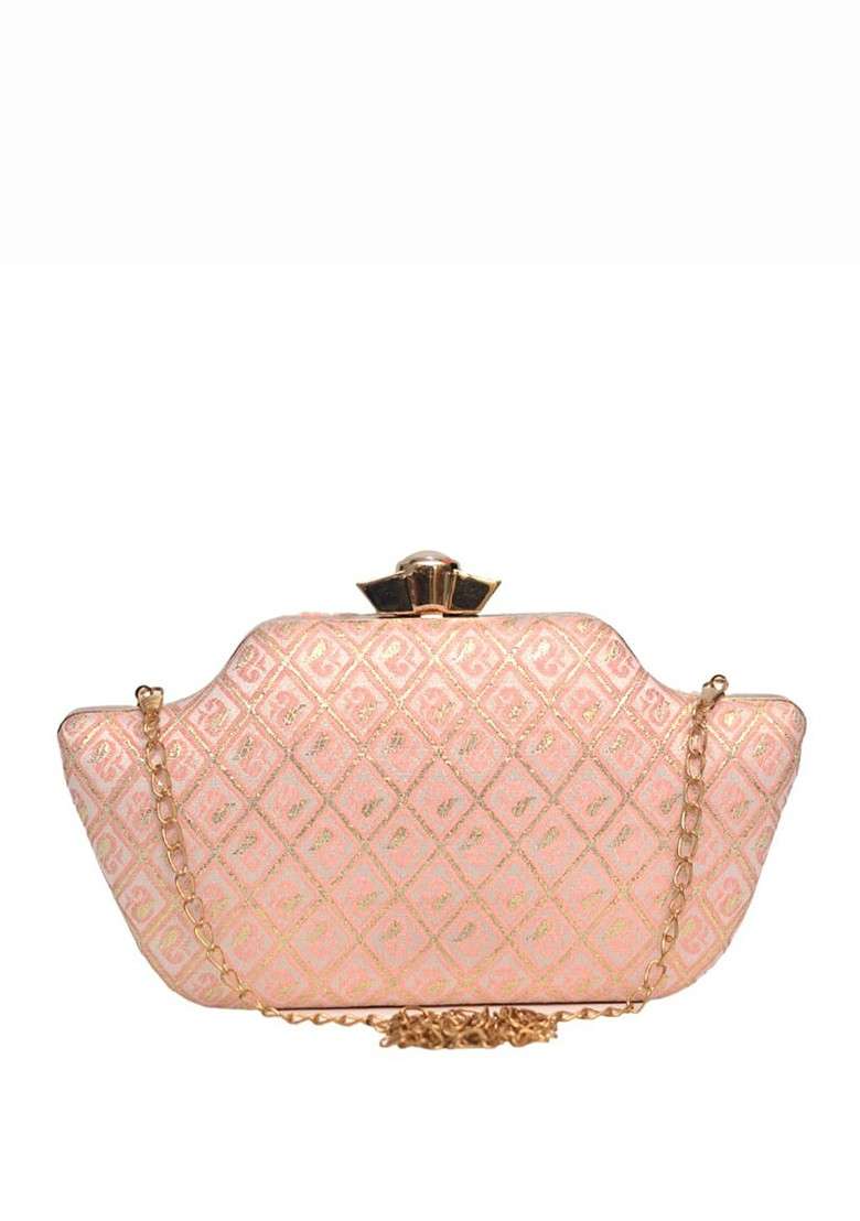 Peach Satin Embroidered Box Clutch With Shoulder Strap - Indya