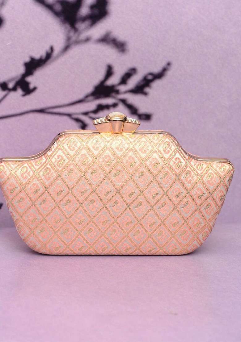 Peach Satin Embroidered Box Clutch With Shoulder Strap - Indya