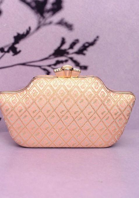 Peach Satin Embroidered Box Clutch With Shoulder Strap