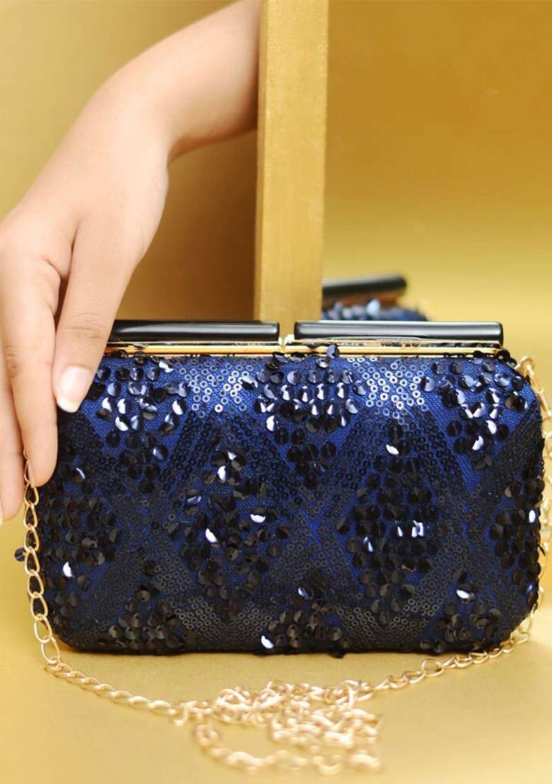 Blue Satin Embellished Box Clutch With Shoulder Strap - Indya