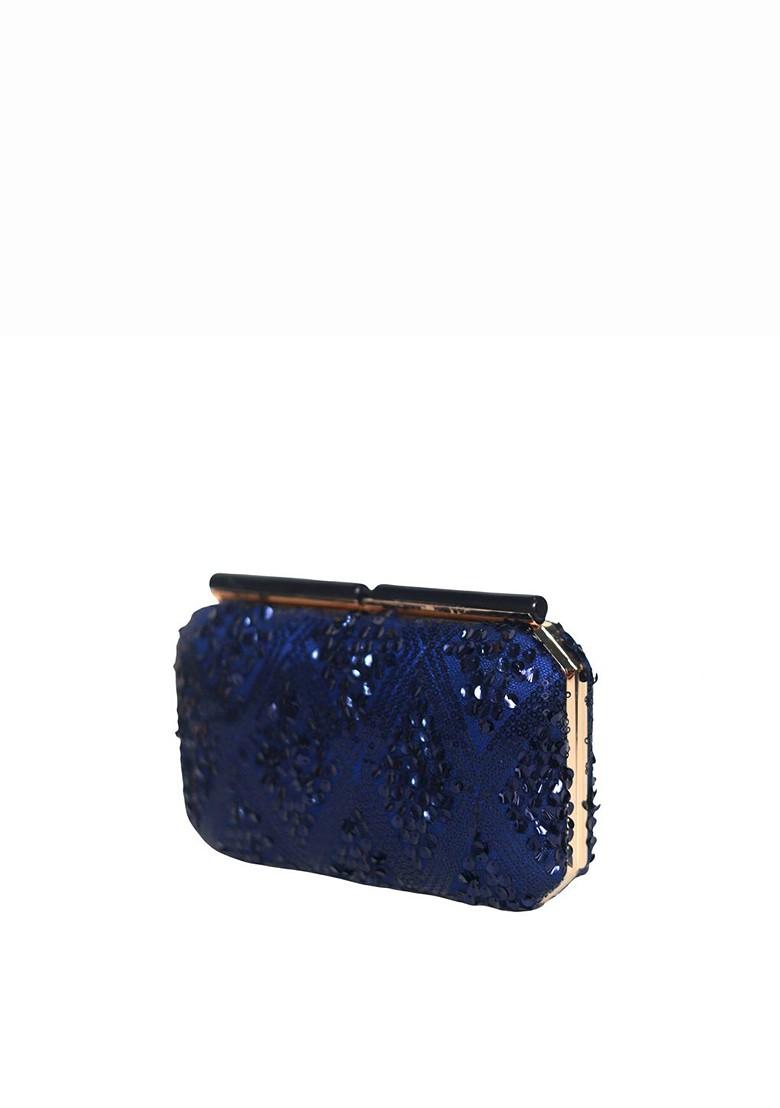 Blue Satin Embellished Box Clutch With Shoulder Strap - Indya