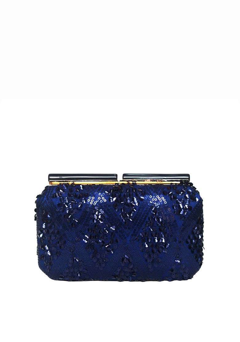 Blue Satin Embellished Box Clutch With Shoulder Strap - Indya