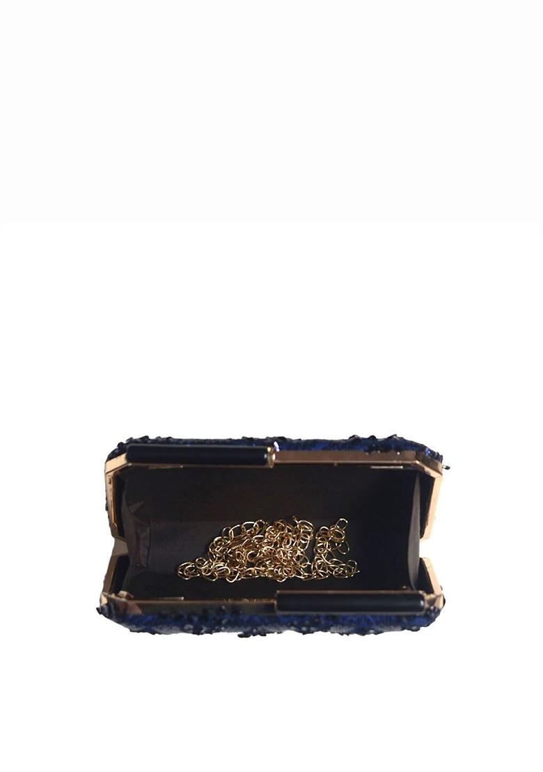 Blue Satin Embellished Box Clutch With Shoulder Strap - Indya