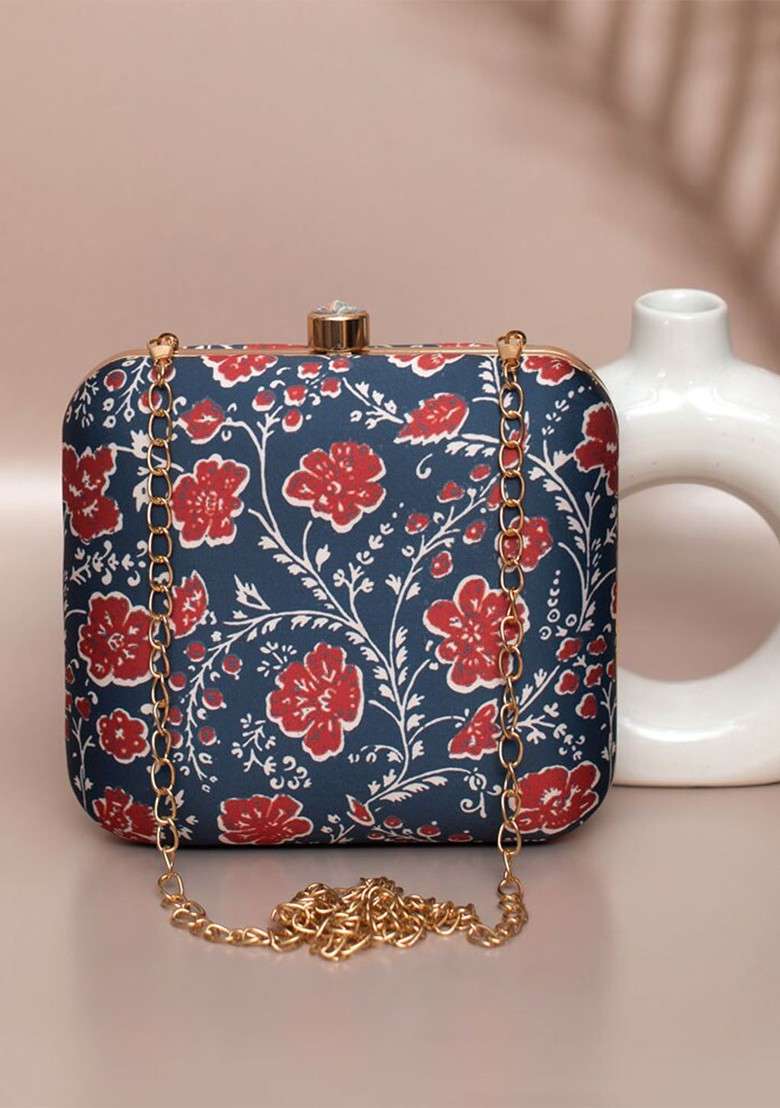 Blue Fabric Printed Box Clutch With Shoulder Strap - Indya