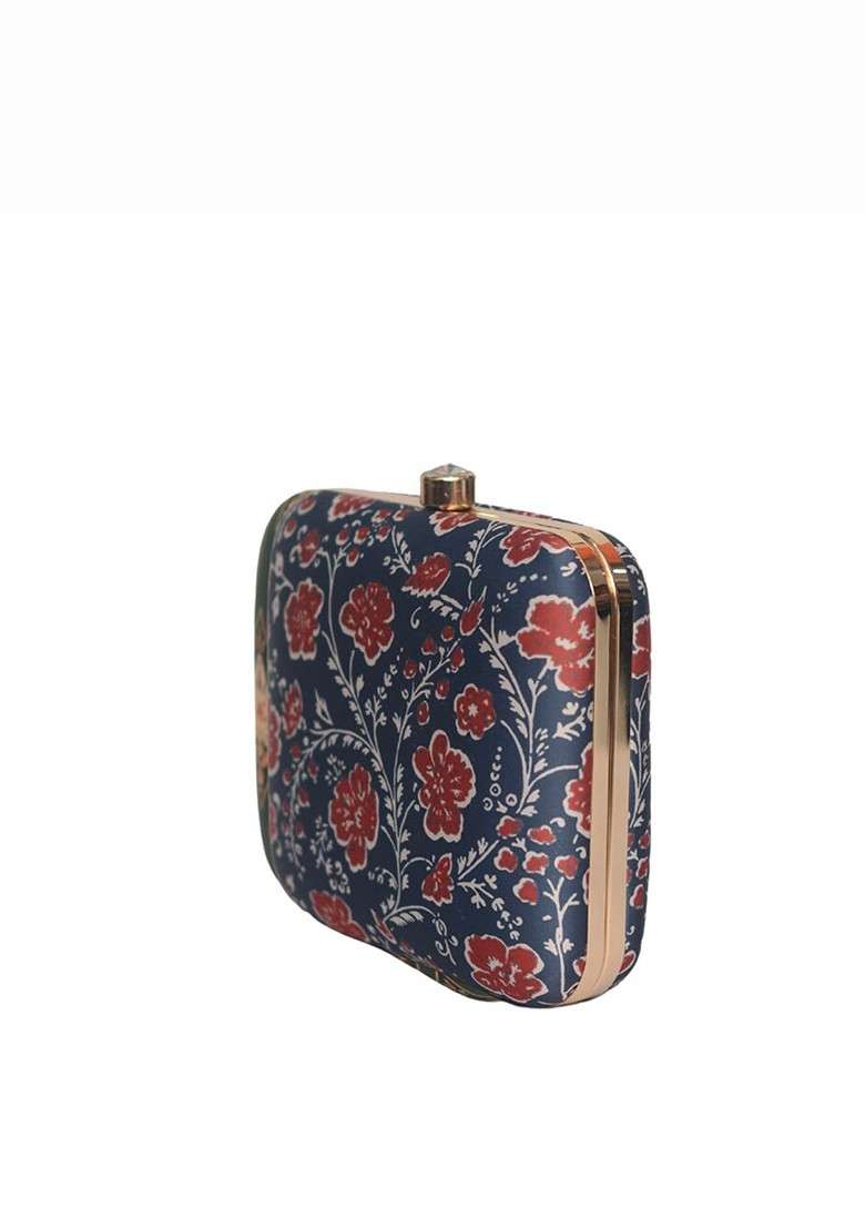 Blue Fabric Printed Box Clutch With Shoulder Strap - Indya