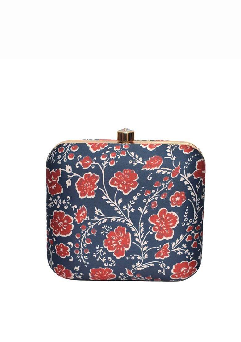 Blue Fabric Printed Box Clutch With Shoulder Strap - Indya