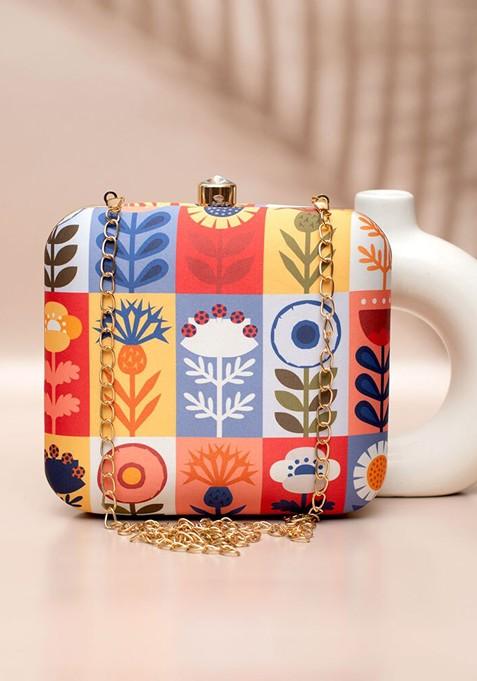White Fabric Floral Printed Box Clutch With Shoulder Strap