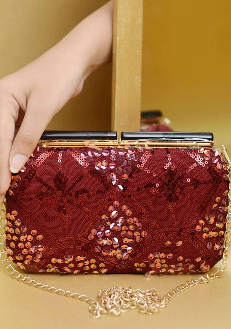 Red Satin Embellished Box Clutch - Indya