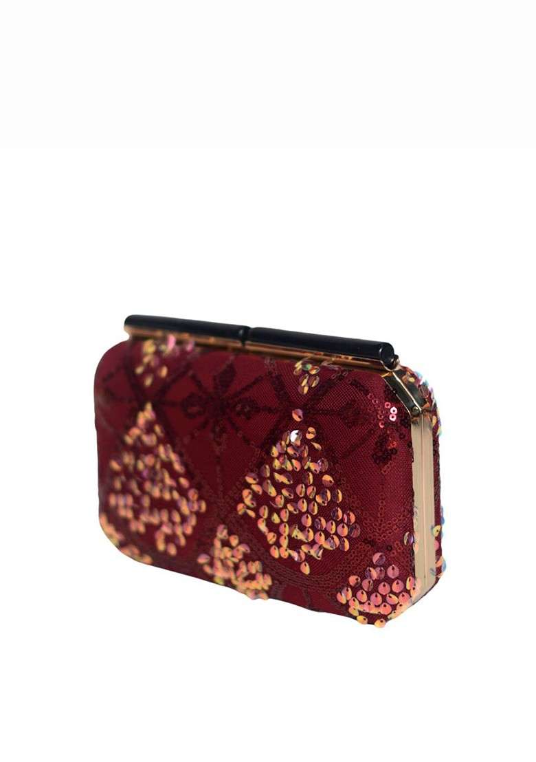 Red Satin Embellished Box Clutch - Indya