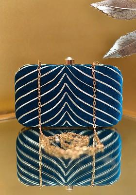 Blue Satin Embellished Party Box Clutch