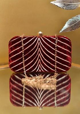 Maroon Satin Embellished Velvet Party Box Clutch