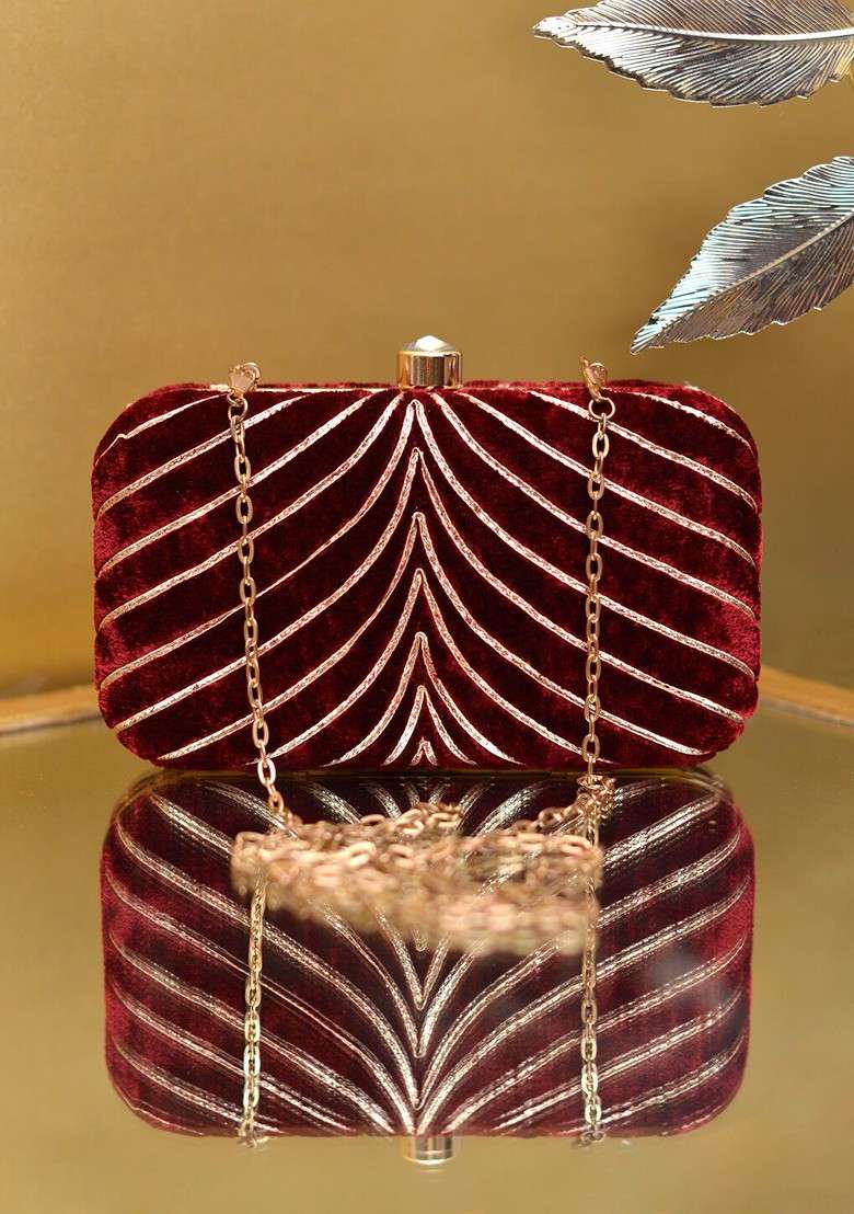 Maroon Satin Embellished Velvet Party Box Clutch - Indya