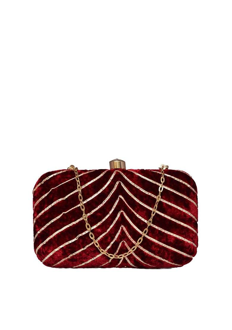 Maroon Satin Embellished Velvet Party Box Clutch - Indya