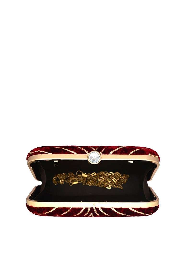 Maroon Satin Embellished Velvet Party Box Clutch - Indya