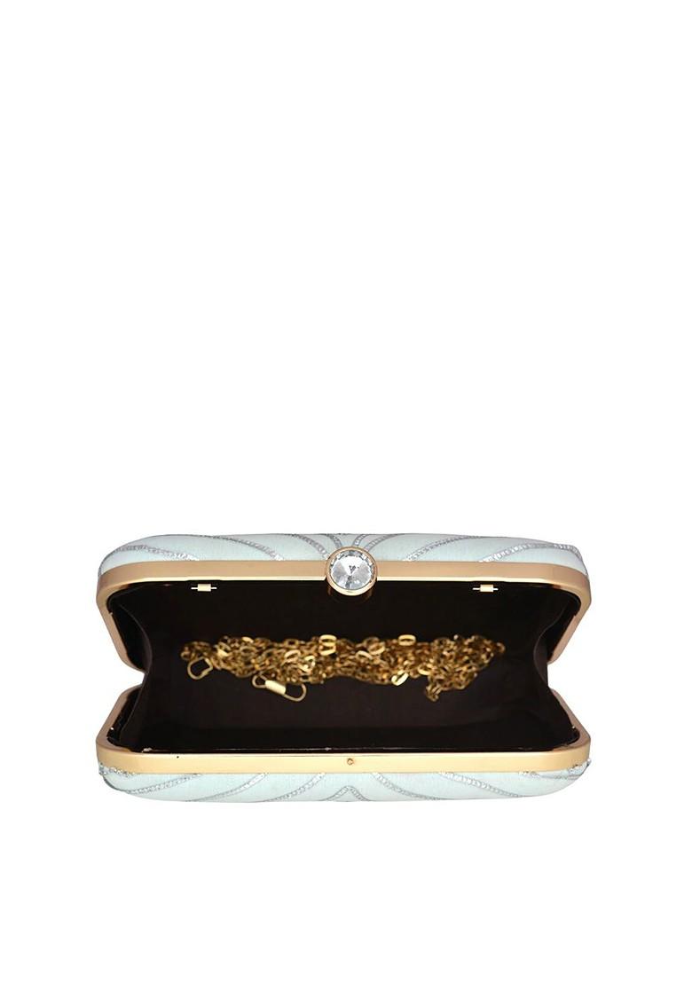 Blue Satin Embellished Party Box Clutch - Indya