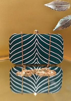Green Satin Embellished Party Box Clutch