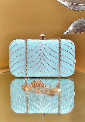 Blue Satin Embellished Party Box Clutch