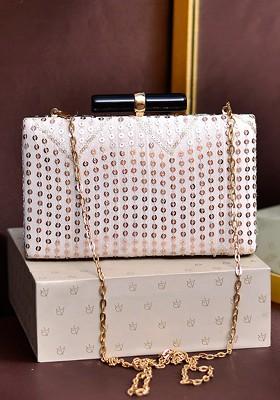 Cream Satin Embellished Box Clutch