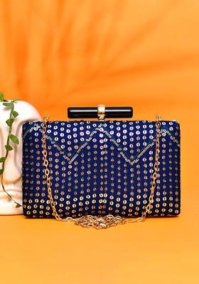 Blue Satin Embroidered Buckle Detail Box Clutch