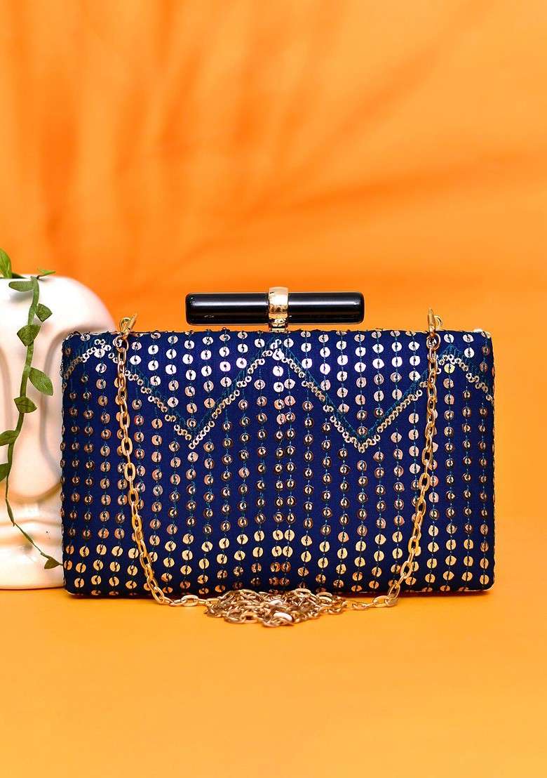 Blue Satin Embroidered Buckle Detail Box Clutch - Indya