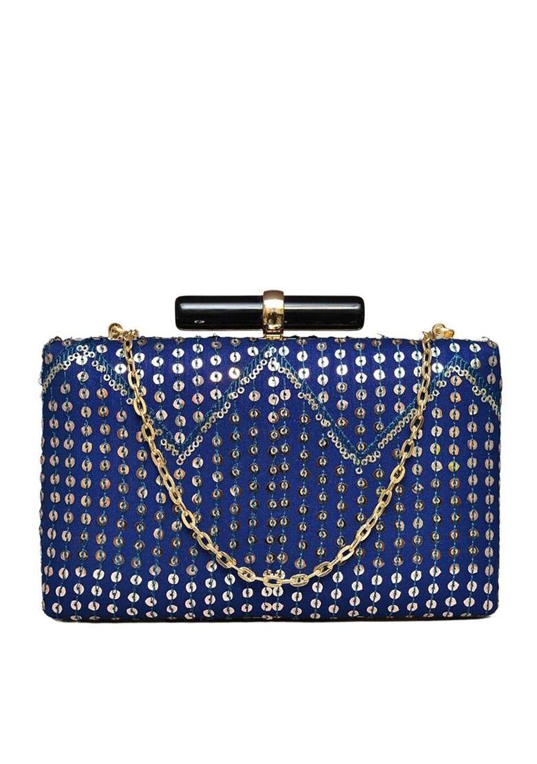 Blue Satin Embroidered Buckle Detail Box Clutch - Indya